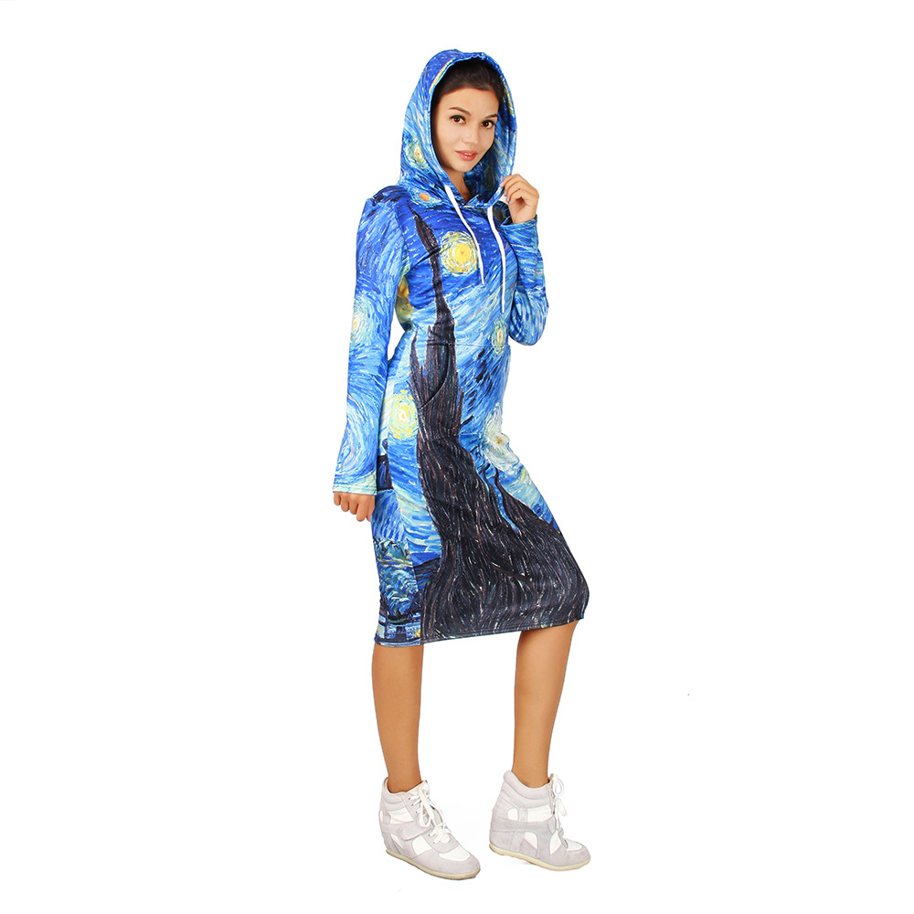 SZ60077 Blue Vortex Hooded Sweatshirt Dress Women Long Sleeve Hoodies Dress